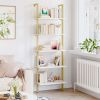 White Bookshelf; Trapez5-Tier Wall Mounted oidal Bookshelf with Gold Frame